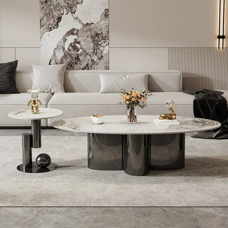 Italian Sintered Stone Coffee Table Oval Stainless Steel Base Modern Light Luxury Living Room Side Table Designer Home