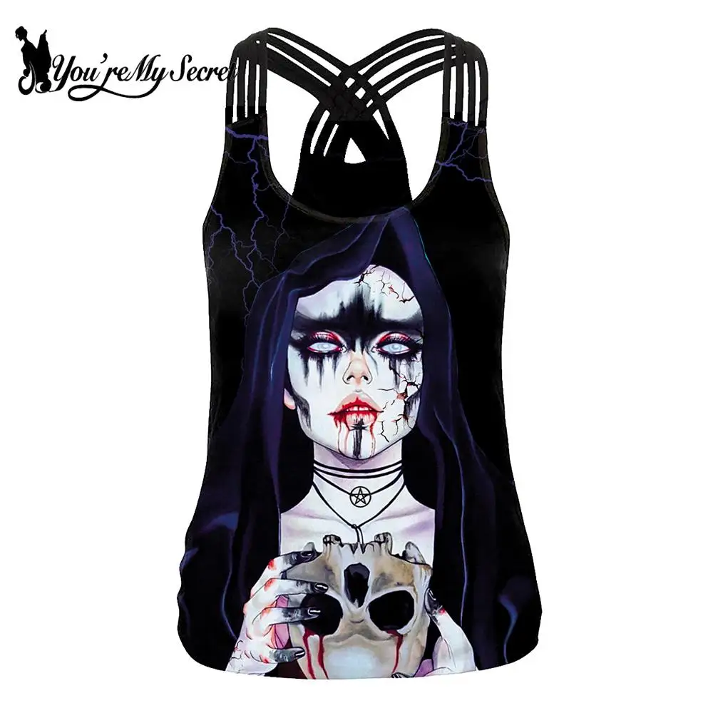 [You\'re My Secret] Halloween Terror 3D Print Women Tank Tops Sexy Cross Vest Sleeveless Streetwear Female Casual Tee Clothes