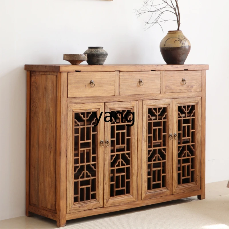 LH wabi sandy wind solid wood dining side cabinet retro style tea room cabinet elm wood carving flower window hollow