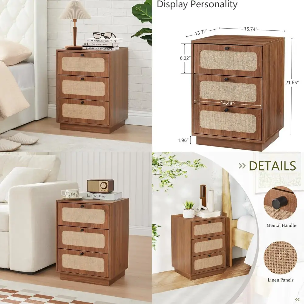 

mid-century 3-drawer nightstand, farmhouse style end table with storage, curved linen panel accents