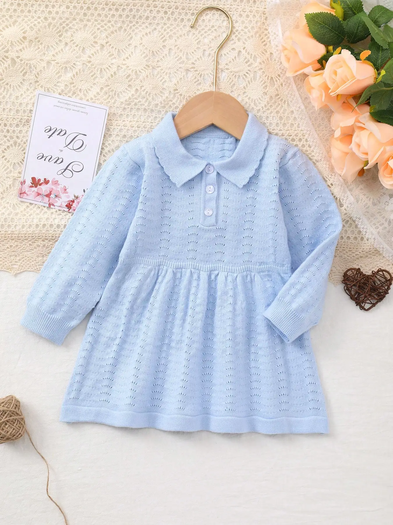 Baby Girl's Everyday Versatile Knit Dress, Light Blue A-Line Dress with a Turn-Down Collar, Long Sleeves, and Hollow-Out Pattern
