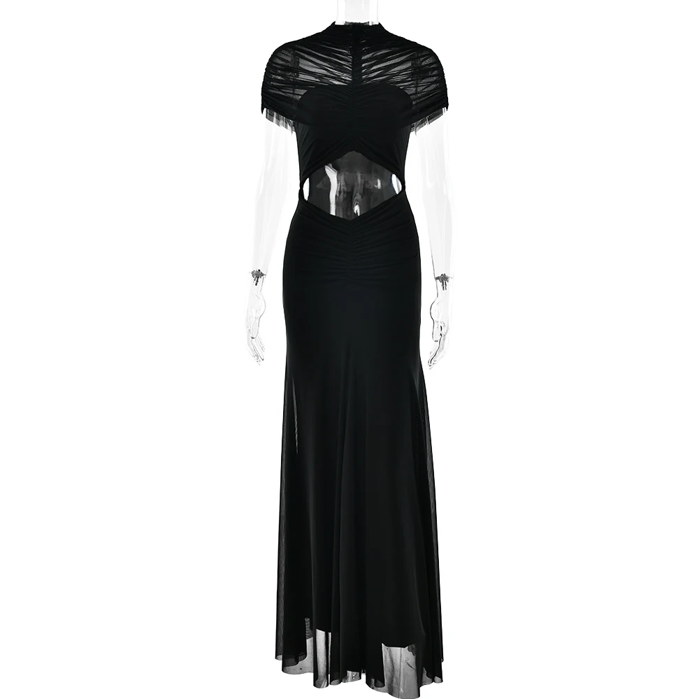 Mozision Hollow Out Korte Mouw Sexy Maxi Jurk Vrouwen Mode O Hals Ruches Hoge Taille Bodycon Club Party Lange Jurk Vrouwelijke - afbeelding 2