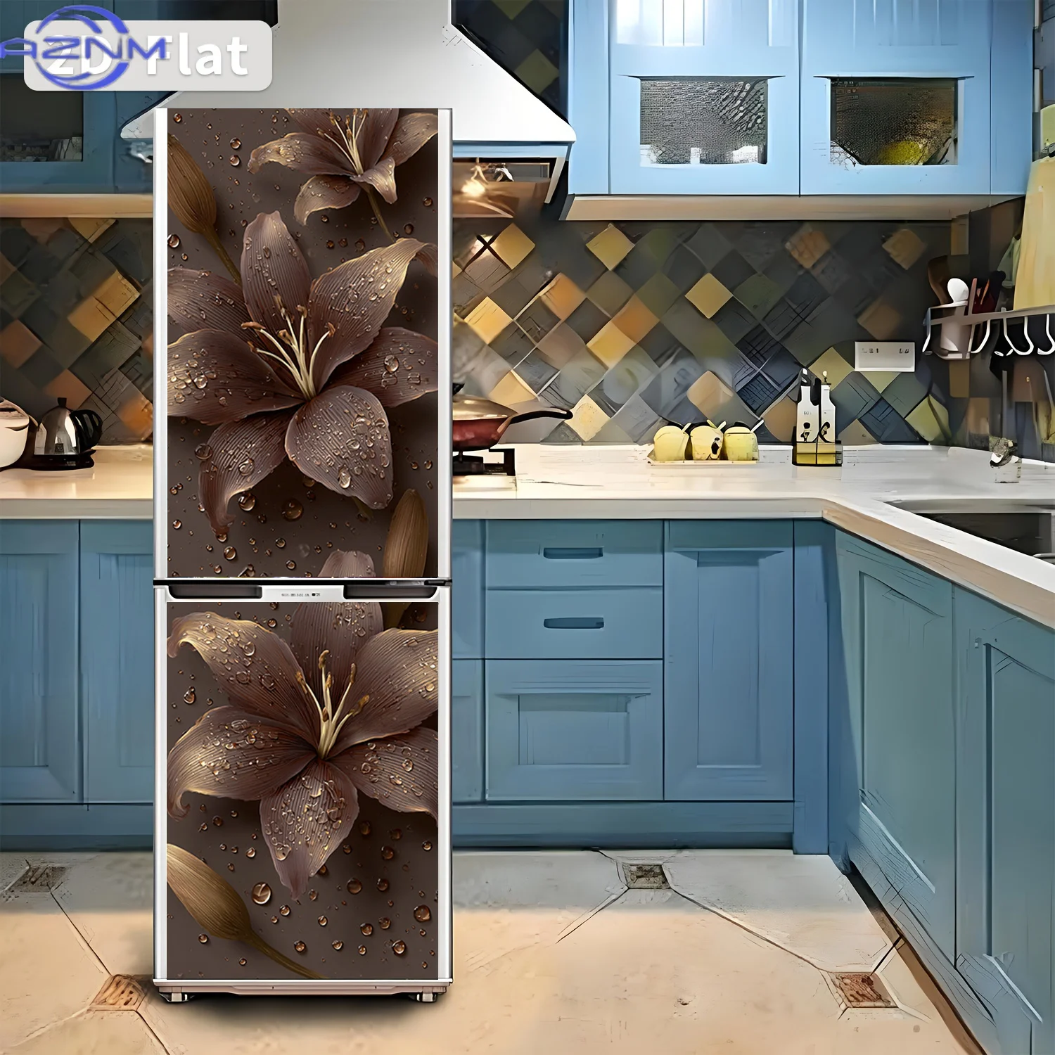 2D Flat Printing 1pc Refrigerator Sticker 60×180cm Deep Brown Lily Waterdrop Pattern Themed Design Wall Sticker Decorative Wal