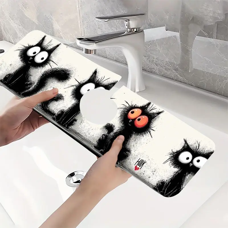 VIKAMA Funny Ink Black Kitten Faucet Drying Mat Cartoon Cat Non Slip Quick Dry Pet Lover Kitchen Bathroom Countertop Decor Mat