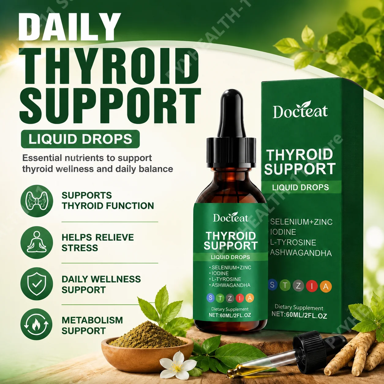 Docteat Thyroid Support Drops with Selenium Zinc Iodine L-Tyrosine Ashwagandha Extract Energy Metabolism Daily Wellness 60 ML