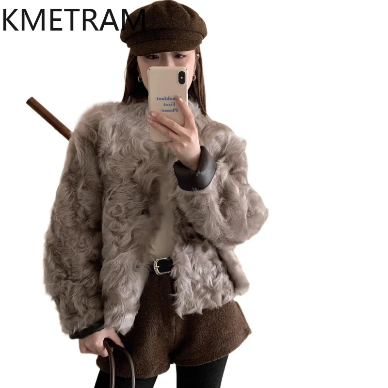 KMETRAM 100% معطف فرو صوف الغنم الطبيعي Xiaohu مزدوج الوجه سترة فاخرة قصيرة من الفرو الحقيقي ملابس شتوية للنساء 2025 schuba