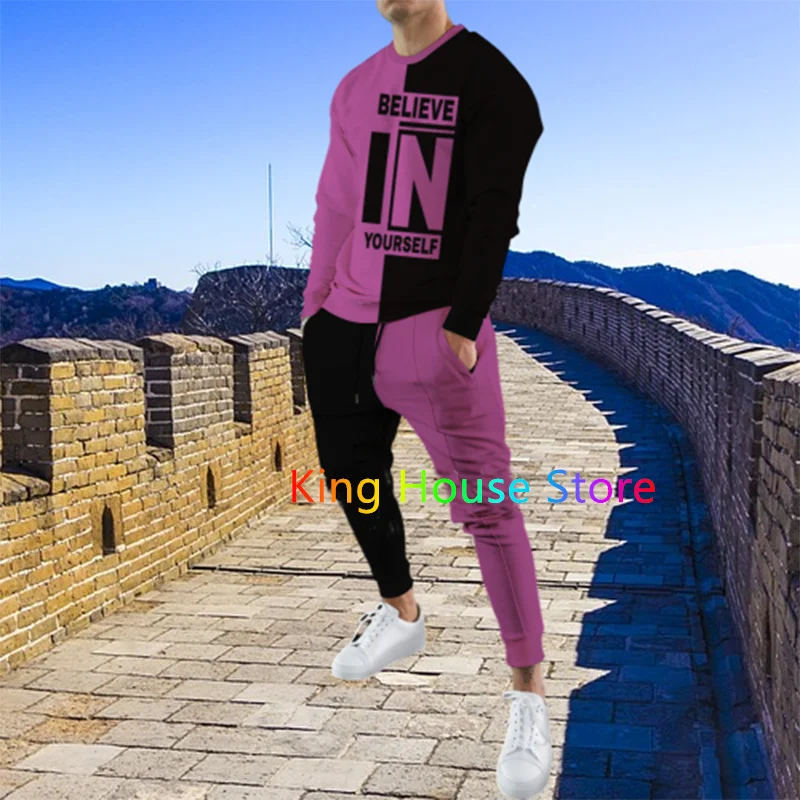 Men's 2 Piece Set Tracksuits Believe In Yourself Long Sleeve Trouser Sportwear Casual Outfit Streetwear Male Oversized Clothing