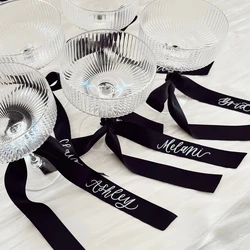 70cm Personalized Drink Tag Ribbon Wedding Champagne Coupe Glasses Tag Ribbons Bow Drink Place Tags Party Anniversary Decoration