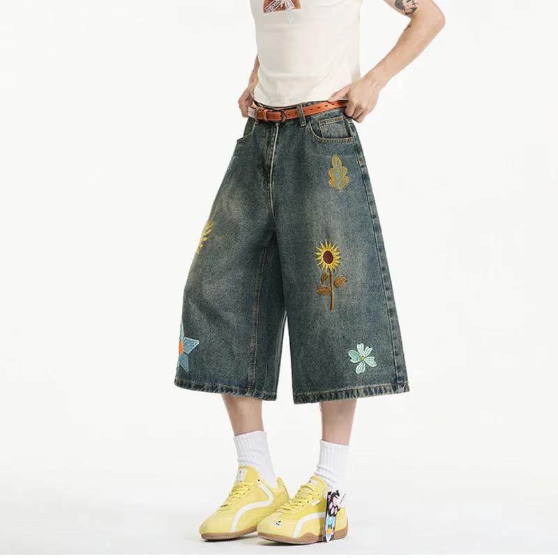 LUZHEN Floral Cropped Embroidery 2026 Pattern Straight Summer Original Denim Pants Men's Fashion Loose Casual Male Jeans JY8885