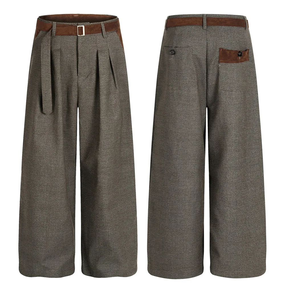 

Old Money Style Pleated Plaid Suit Pant Men Streetwear Loose Casual Vintage Wide Leg Baggy Pants Commute Trousers