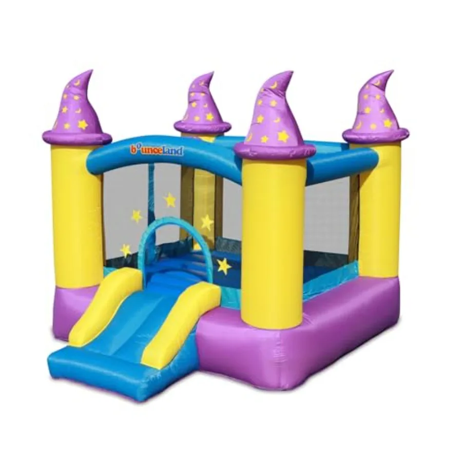 

Wizard-themed inflatable bounce house for outdoor parties, PVC material, blue and purple color, spacious bouncing area with sli