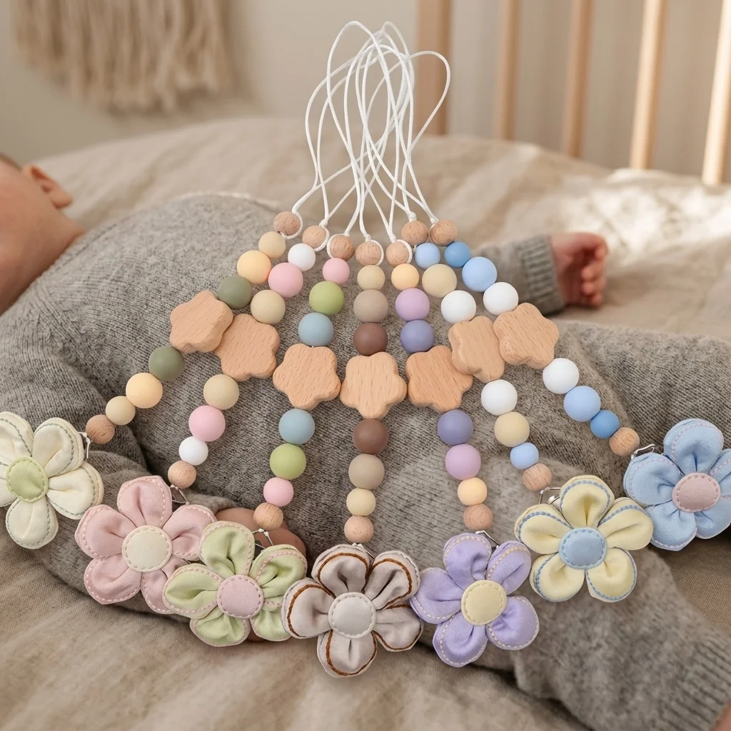 Personalized Hebrew Name Pacifier Clip Flowers Custom Baby Girl Flower Wooden Silicone Beads Dummy Holder Newborn Gift