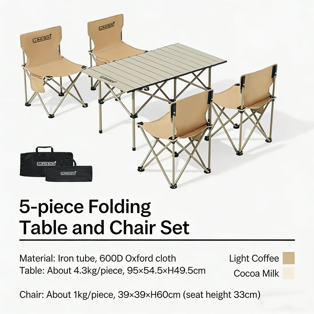 Klappbarer Campingtisch und Stuhl-Set, 5-teilig, Eierroll-Tisch mit 4 klappbaren Stühlen für Picknick, Wandern, Garten