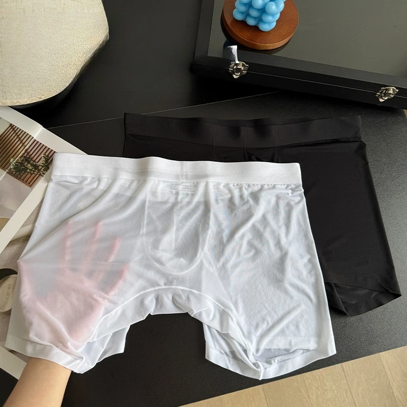 Sheer Transparent Mens Long Leg Ice Silk Trunks Summer Seamless One Piece Large Pouch Breathable Underpants