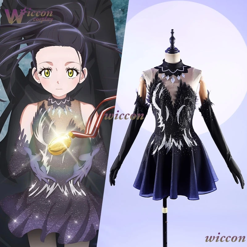 

YesOk Kamisaki Hikaru Cosplay Anime Medalist Costume Halloween Carnival feather sequin black dress gloves necklace women sexy