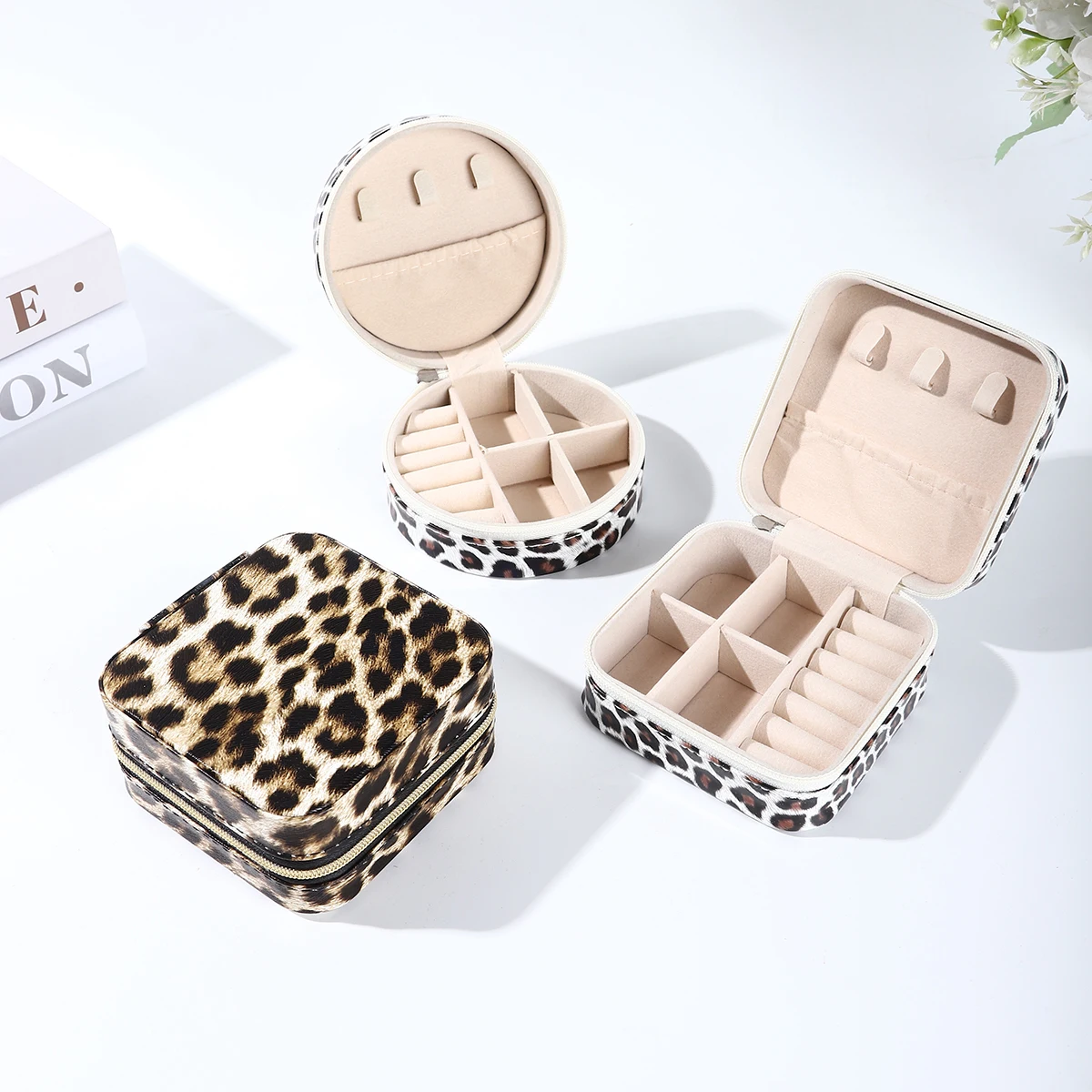 Leopard Print PU Leather Jewelry Box - Compact Portable Organizer with Divided Compartments & Earring Slots | Lightweight Travel