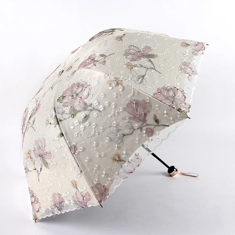 Double Layer Flower Lace Sun Rain Umbrella Women Travel Outdoor Windproof Compact Parasol Sun Protection Anti UV Luxury Gift