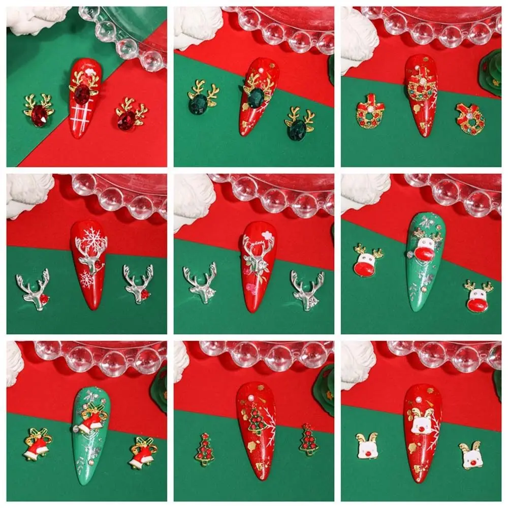 Desenhos animados Elk Natal unhas Decorações, Natal Árvore Doce Shaped, Strass Liga, Xmas Nail Charms, 10pcs por conjunto