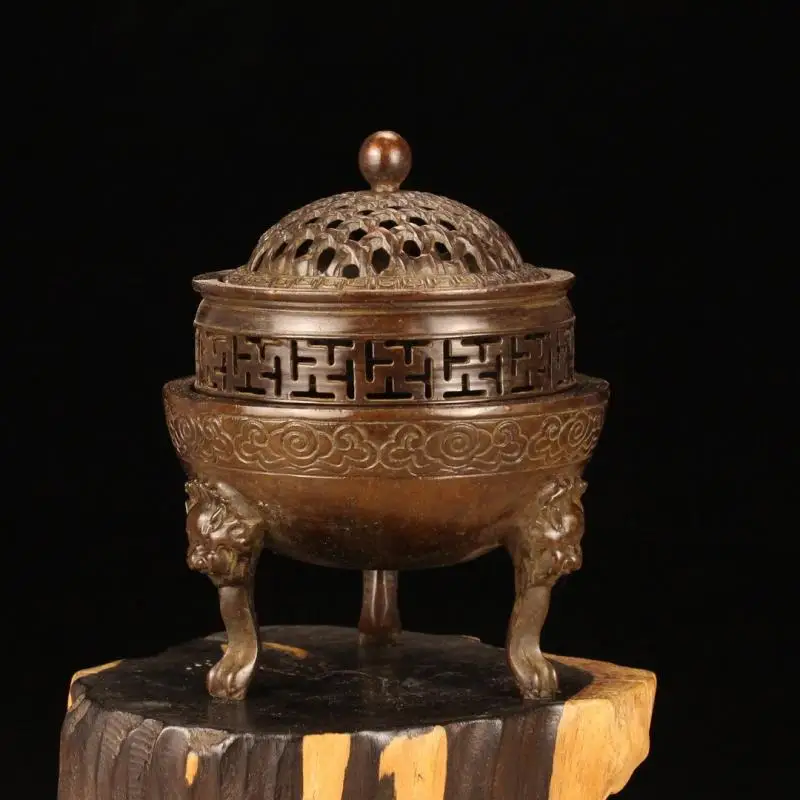 Chinese Antique Brass Three Legs Incense Burner Hollowed Out Mesh Cover Mini Ornaments Desk Decor