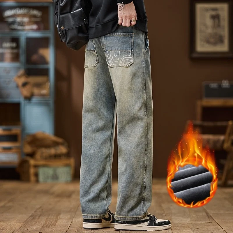

Winter Retro Men's Fleece Jeans Korean Style Street Hip-hop Loose Straight Plush Warm Wide-leg Casual Pants