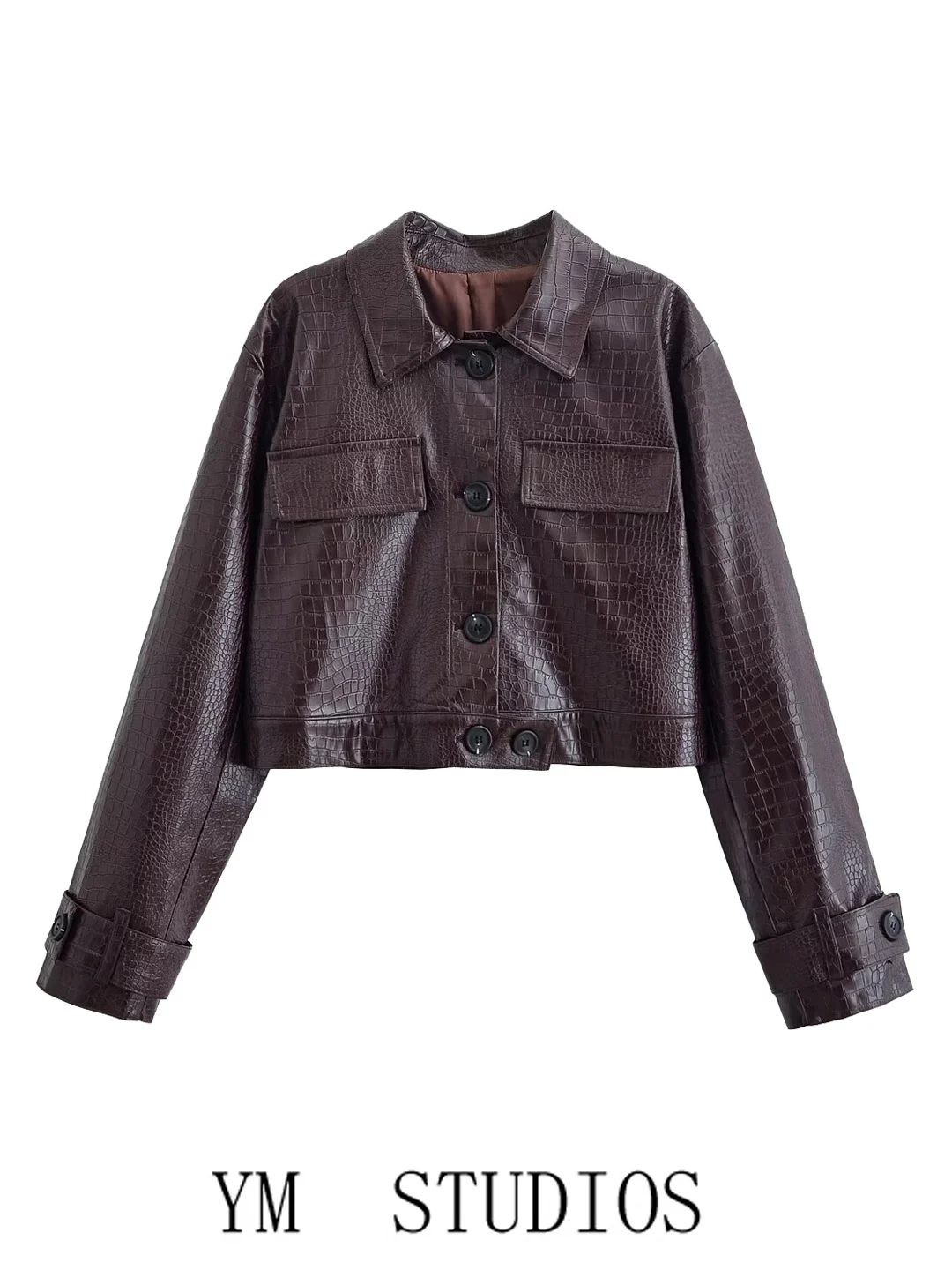 Cool Street Style Short Leather Jacket Women's Crocodile Pattern Shiny Buttoned Coat Spring Fashion Ladies' PU Leather Coat