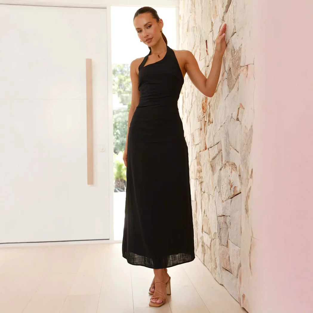 Summer European And American New Women's Clothing Red Long Dress Solid Color Sleeveless Backless Dress