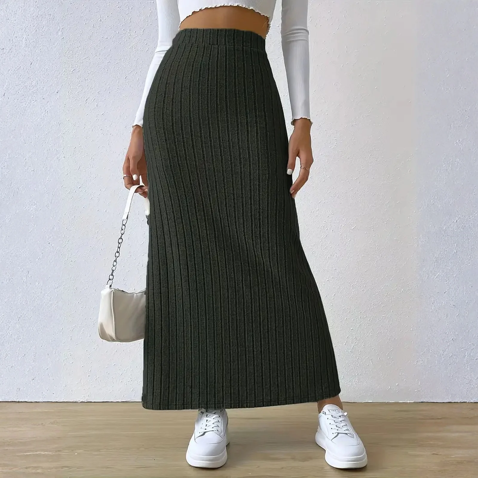Women'S Fall Winter Skirt Casual Solid Color Knitted Thick High Waist Slit Skirt Slim Split Hem Maxi Skirt Skirts For Women