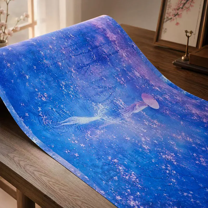 34cm x 15m Chinese Calligraphy Paper Roll, Semi-Cooked Xuan Paper, Blue Blank Scroll for Ink Brush Practice