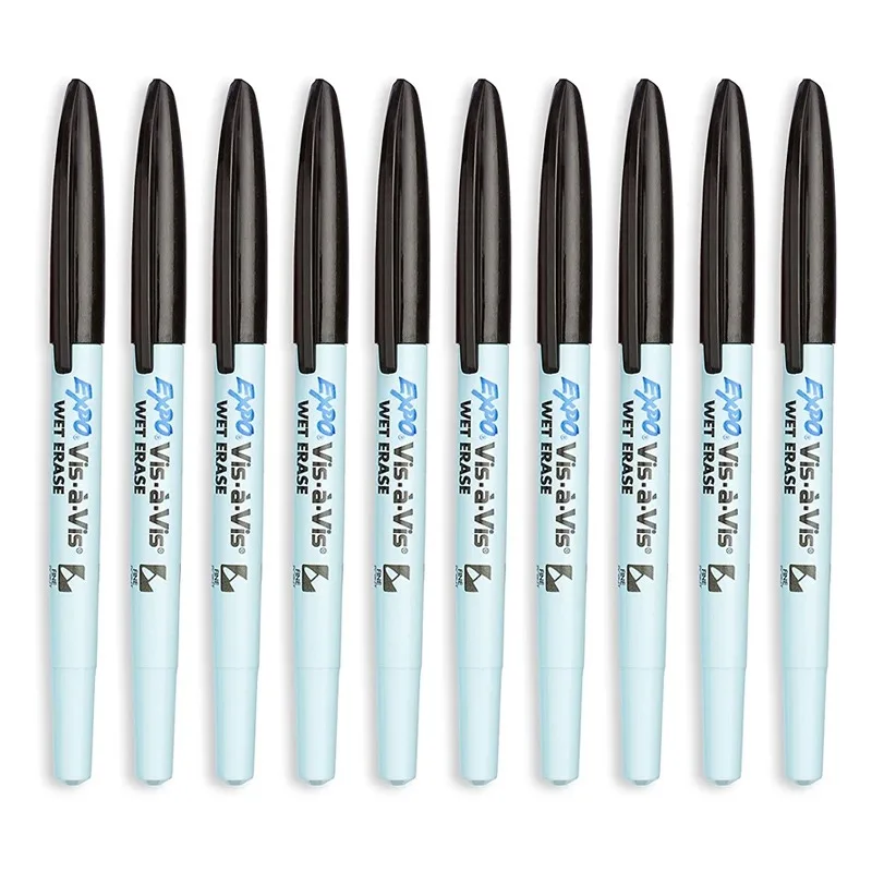 10pcs EXPO Vis-A-Vis Wet-Erase qMtXj Overhead Transparency Markers, Fine Point Black Ink