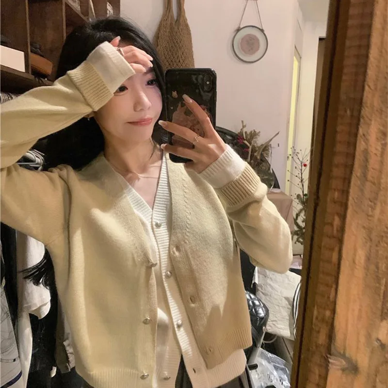 Autumn Winter Fashion Harajuku Fake Two Pieces Sweater Women All Match Female Clothes Casual Tops Long Sleeve Cardigan Outerwear