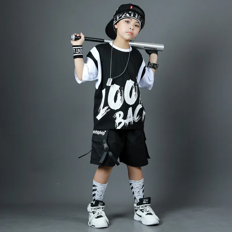 Mode Jongens Street Dance Kleding Sets Zomer Zwarte Brief Print T-shirt Shorts Outfits Groep Cool Streetwear Hip Hop Kostuums