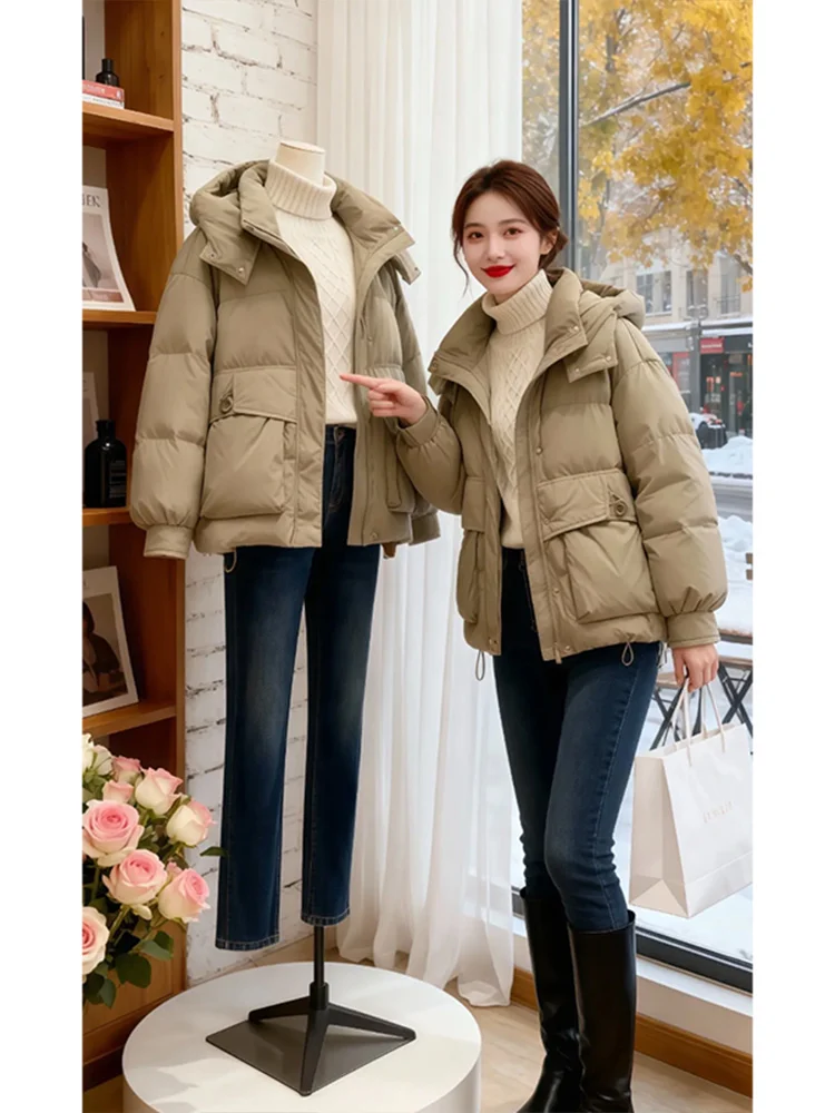 

Ретро-куртка в американском стиле с капюшоном, утепленная хлопком, женская зимняя универсальная теплая верхняя одежда для повседневной носки, свободный крой в корейском стиле, на молнии