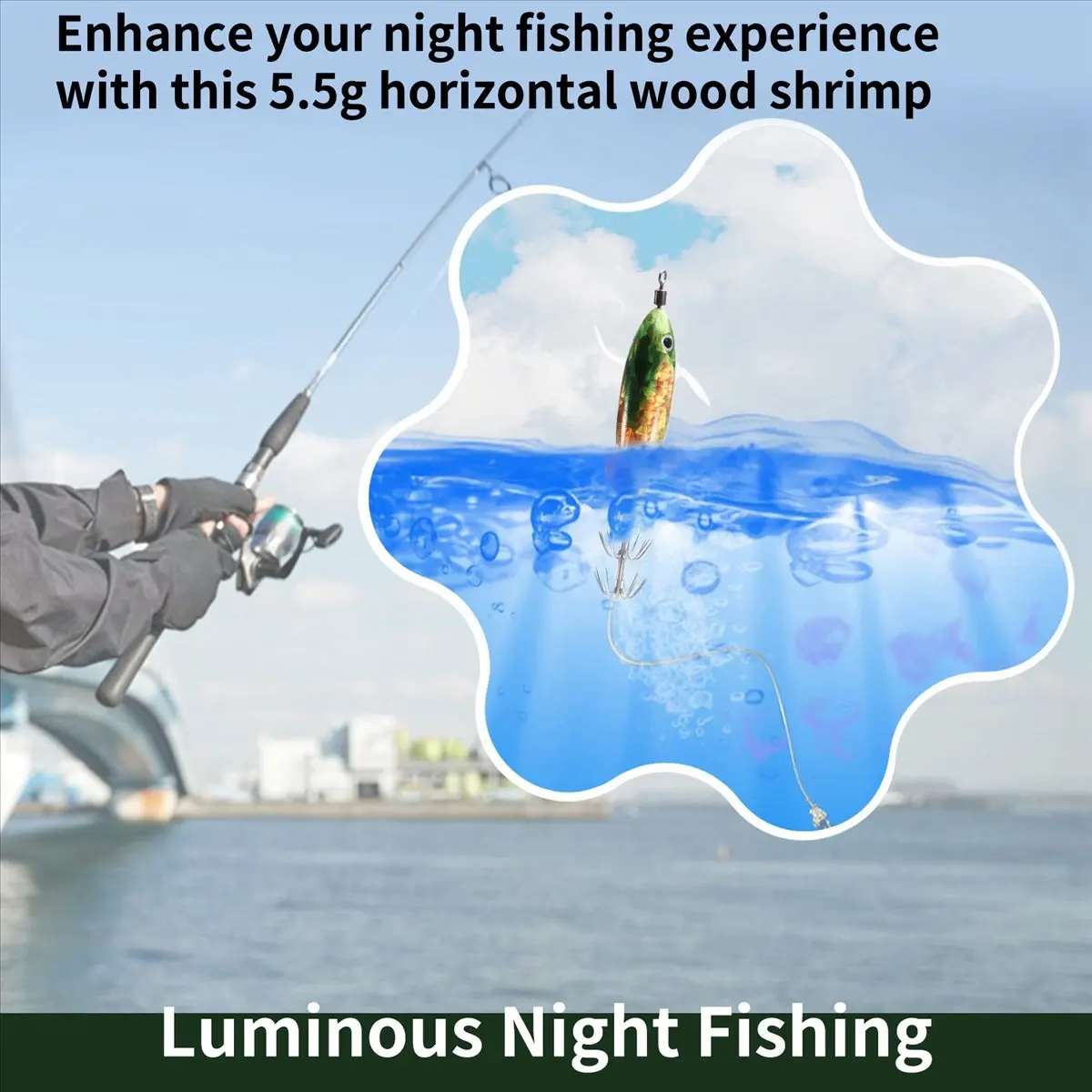 Efficient- 3PCS Horizontal Wooden Fish 5.5g Fluorescence Floating Egi Lure Squid Jigging Shrimp Hook Octopus Fishing Baits