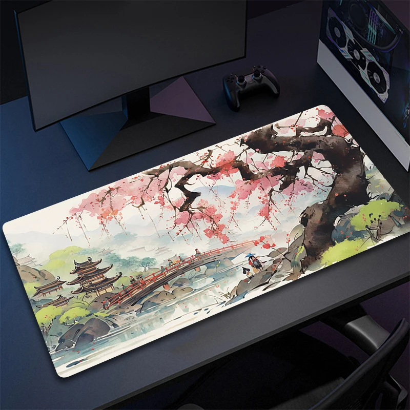 Large Desk Mat Pink Chinese Painting landscape Mousepad Gamer Accessories Mouse Mat Rubber Big Mouse Pad Computer Keyboard Pads