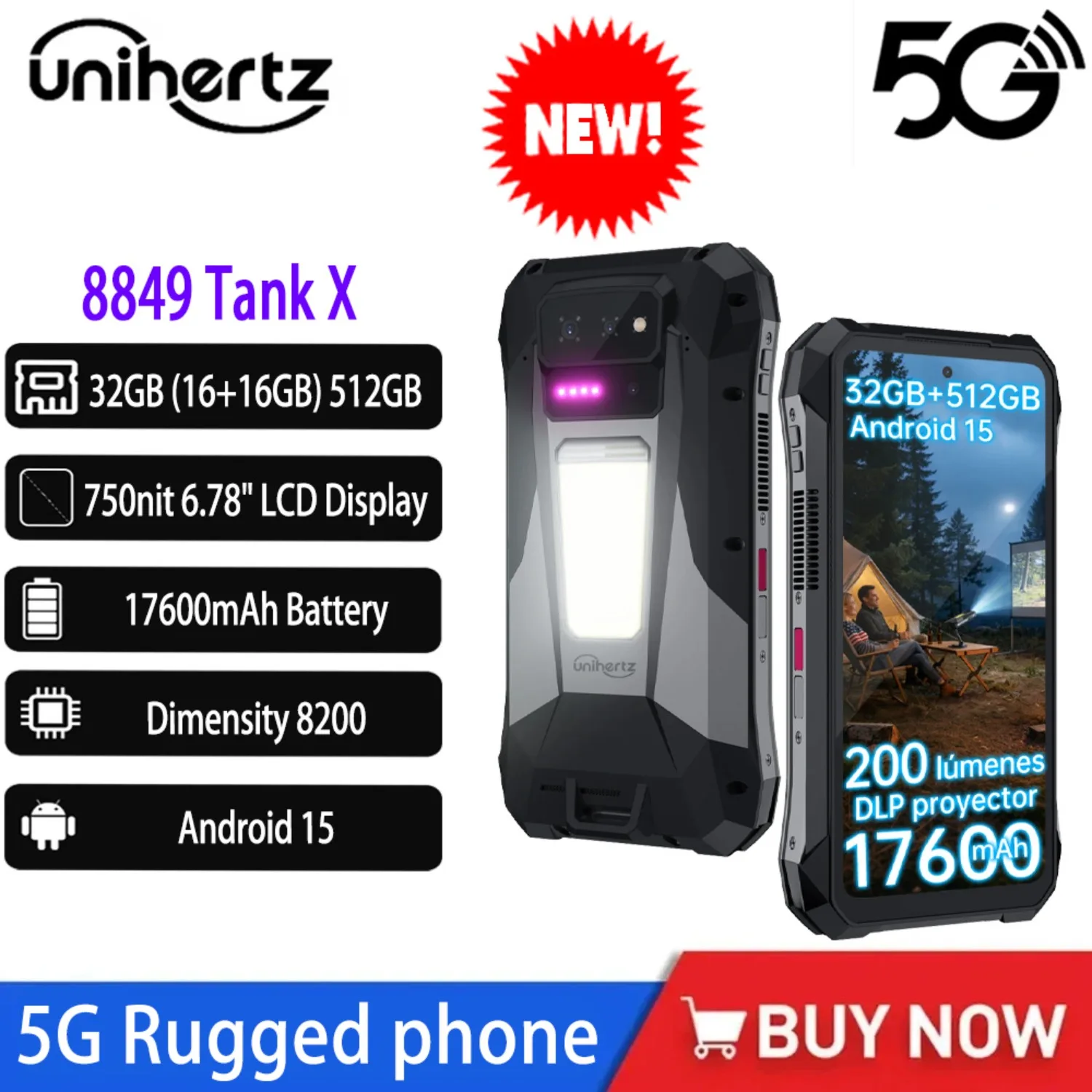 NEW Unihertz 8849 Tank X 5G Rugged Smartphone Android15 Built-in 1080P 220 Lumen Projection 32GB RAM(16+16GB )512GB ROM 17600mAh