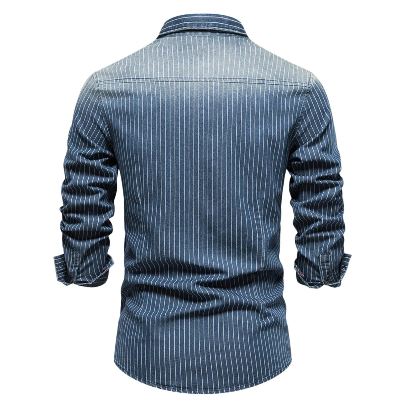 Men's Washed Classic Stripe Jeans Denim Shirt Fashion Slim Fit Turn Down Neck Long Sleeve Office Shirt Mens Streetwear Blouses