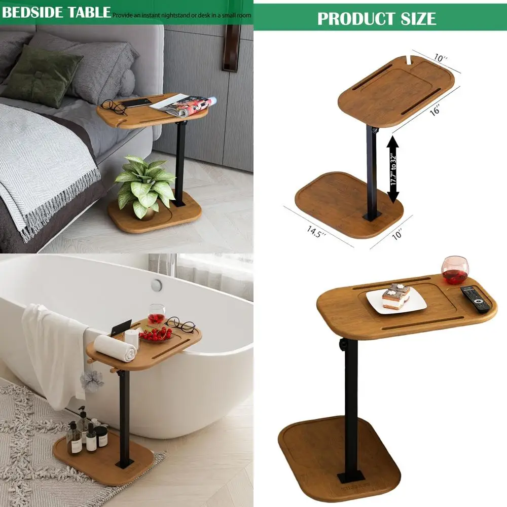 

Adjustable Height Swivel C-Shaped Sofa Side Table with Phone/Tablet Slots for Small Spaces
