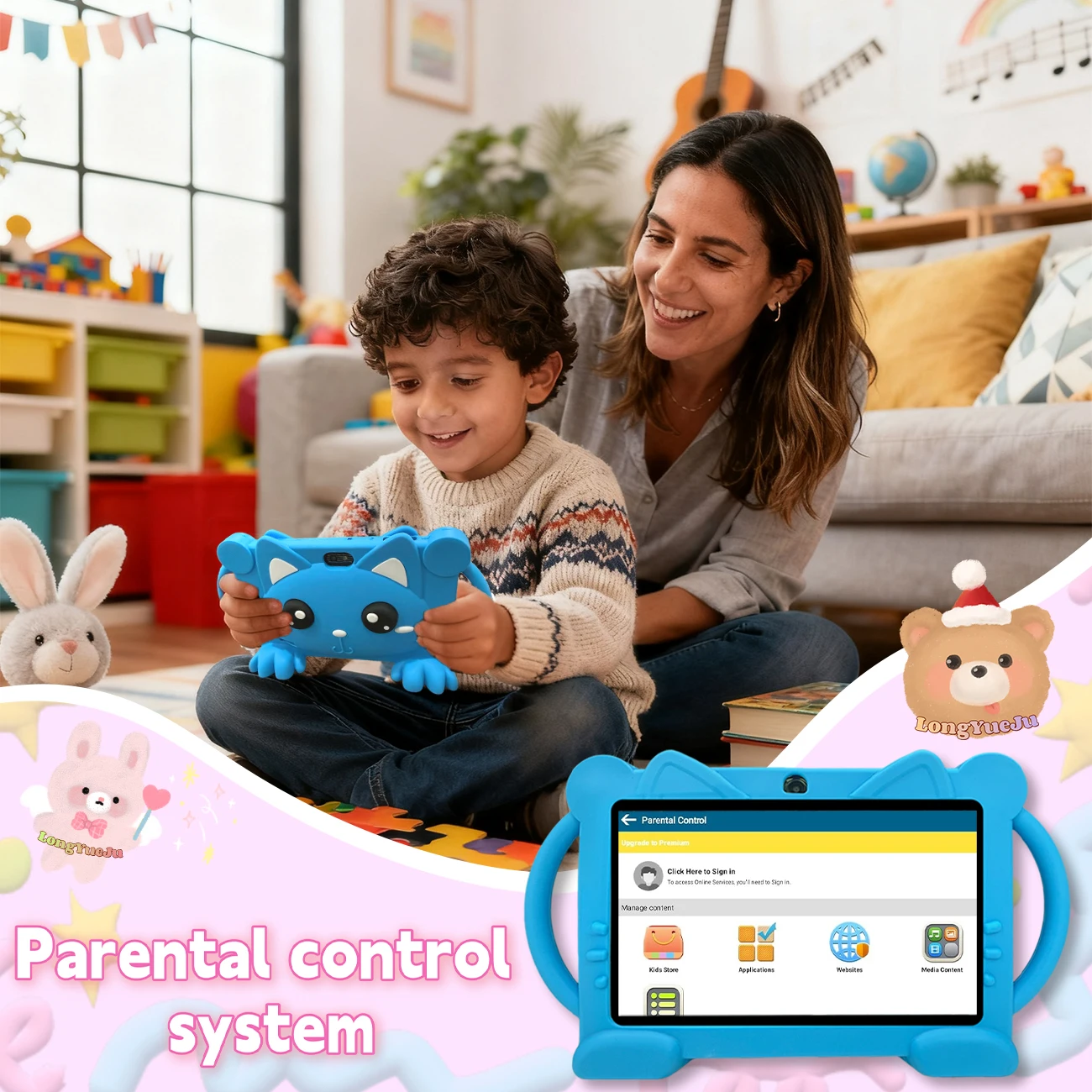 7-Inch Educational Android Tablet, 2GB+32GB, HD Screen, iWAWA Software, Parental Control, Silicone Case, Gift, Blue/Pink