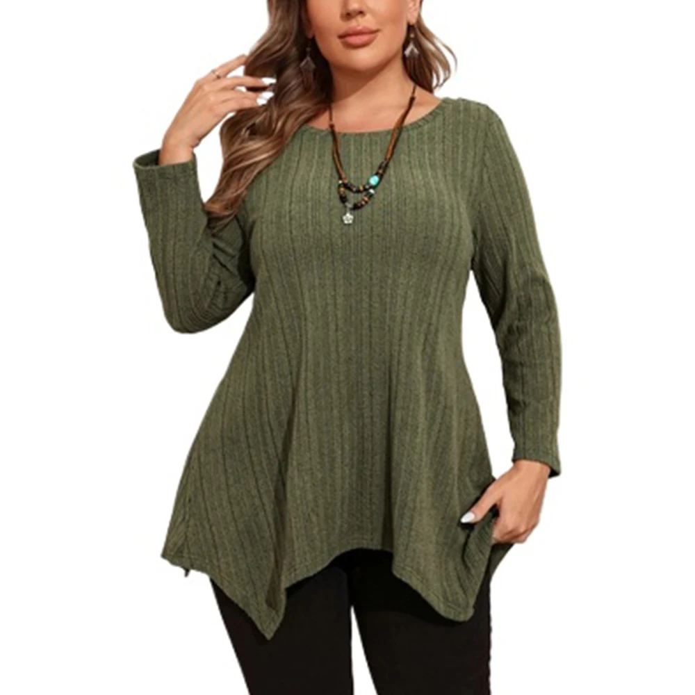 Fashion Women Round Neck Long Sleeve Shirt Solid color Irregular Hem Shirt Blouse Plus Size Top