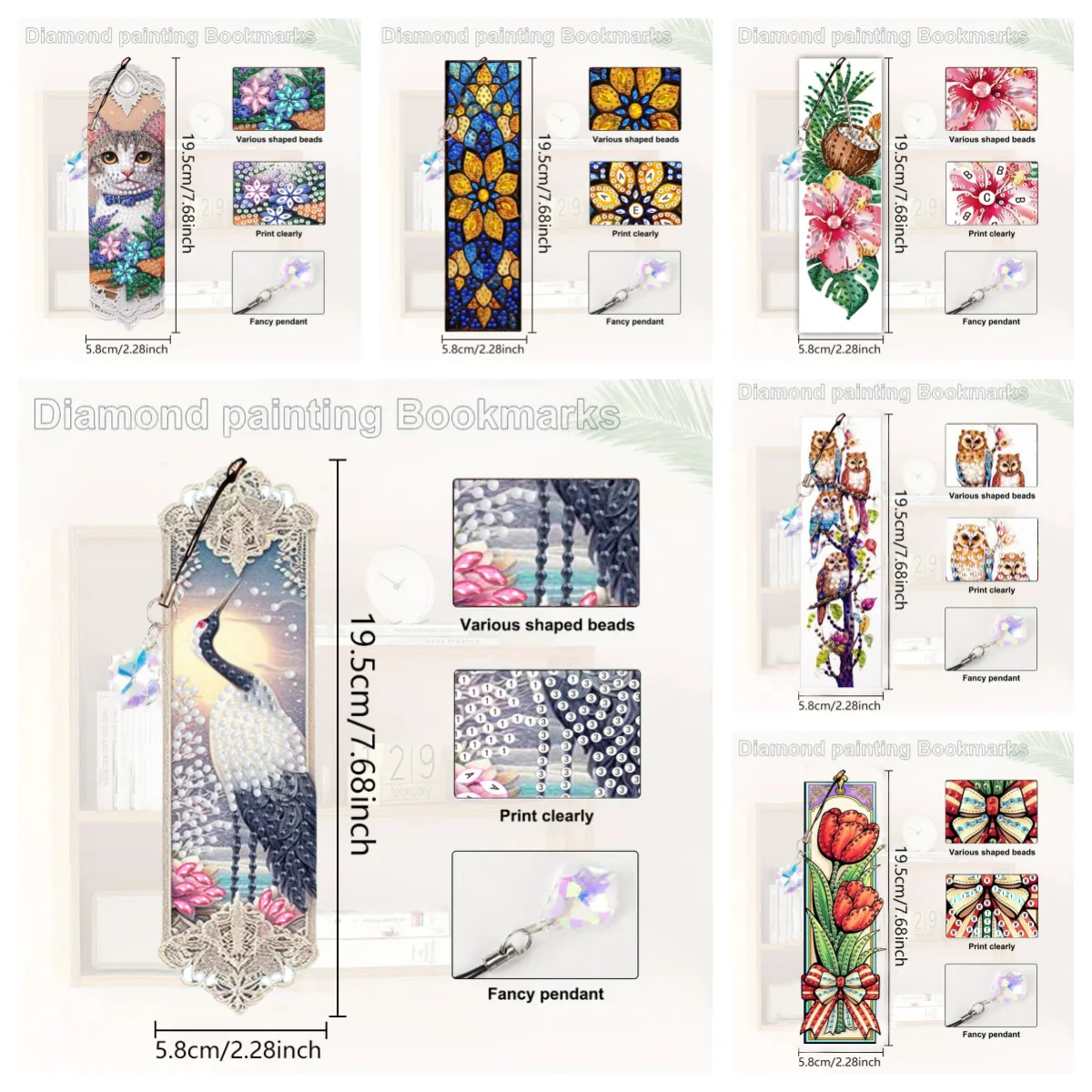 4 DIY Diamond Art Painting Bookmark Sets, Animal/Flower-Themed Crystal Pendant Bookmarks, Suitable for Books and Notes
