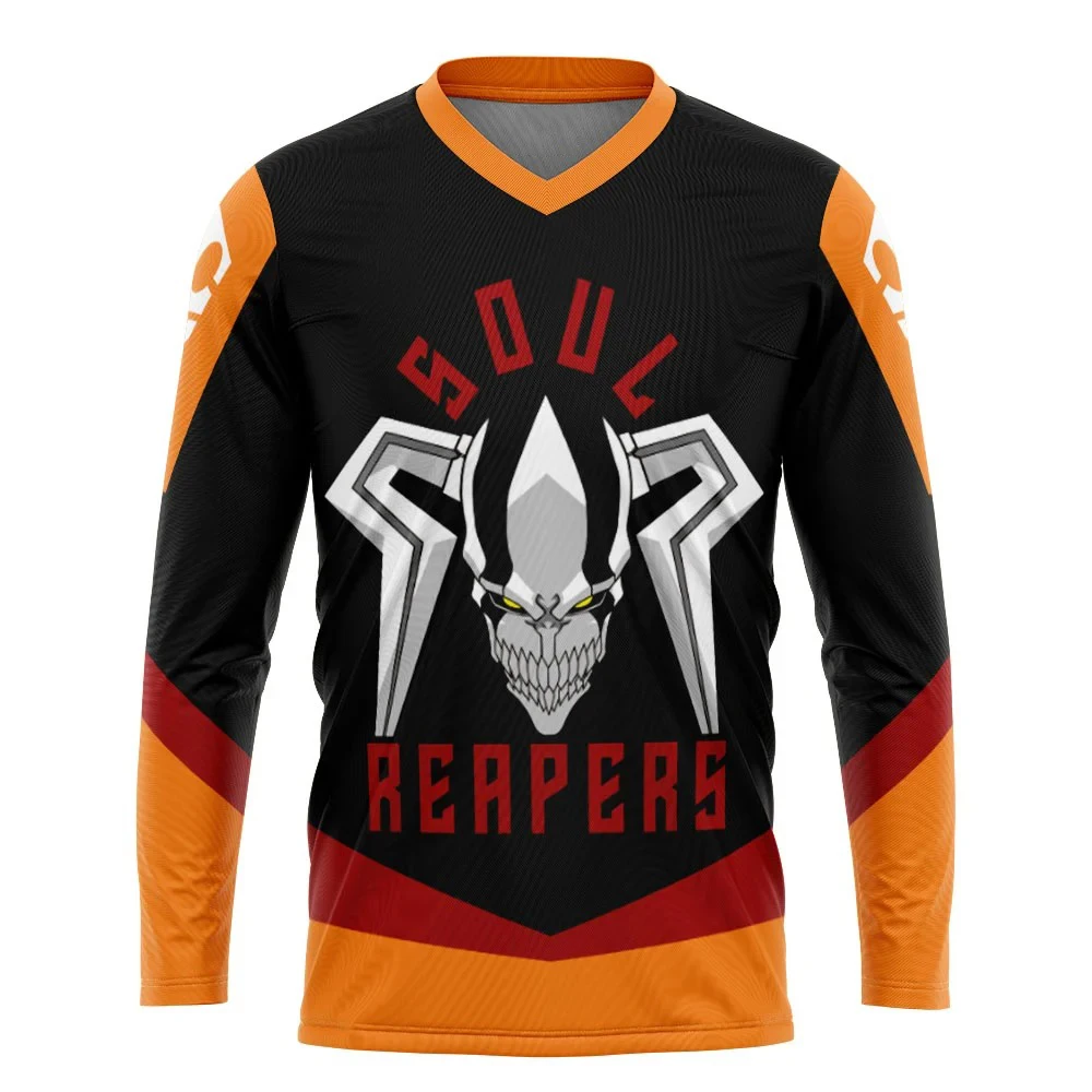 

Bandai Soul Reapers Ichigo Hockey Jersey Bleach Anime Allover Print Long Sleeve V-Neck T-Shirt Summer Quick-dry Soft Lightweight