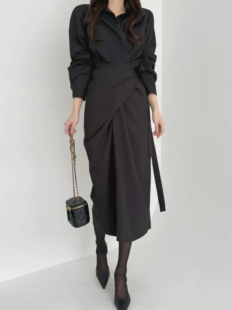 Faionable Long Crossbody Wrap Gürtel Irt Kragen Dr Ele Sle Koreanisches Design Frühling Herbst Saison Damenbekleidung