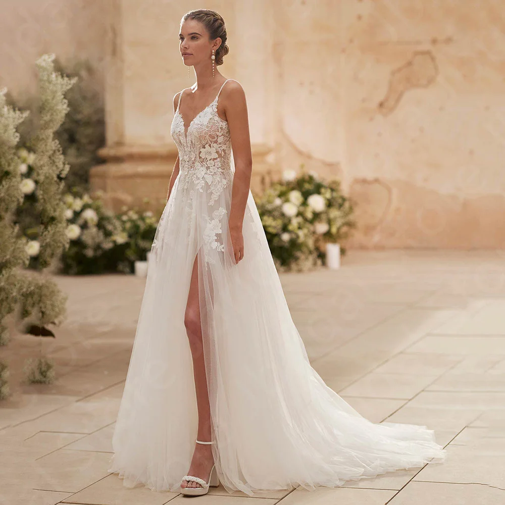 

Customized New Charming Wedding Dresses 2025 Lace Bridal Gowns Side Slit Bride Dresses Sleeveless Wedding Gowns Back Out