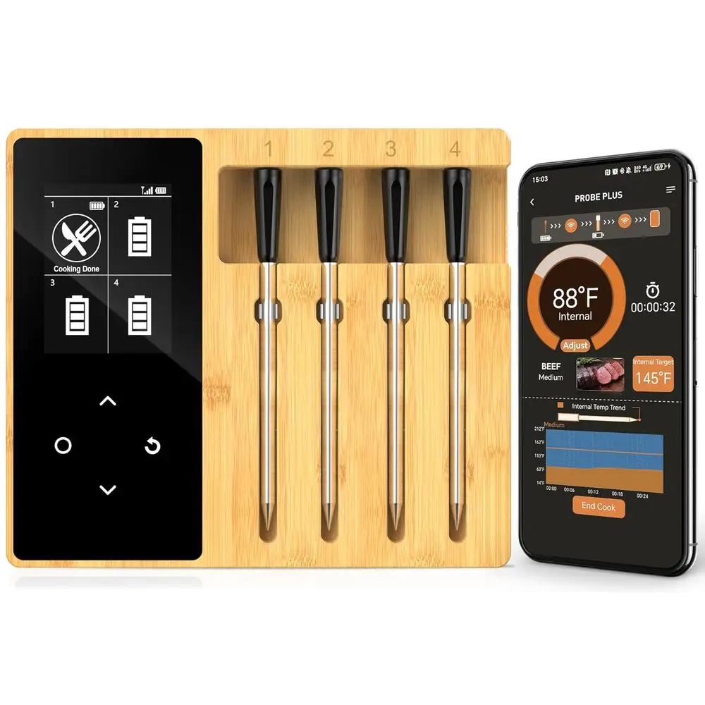 

Long-Range Bluetooth 4-Probe Wireless Meat Thermometer with Real-time Alerts, Dishwasher Safe, Waterproof, Ideal for Cooking, Gr