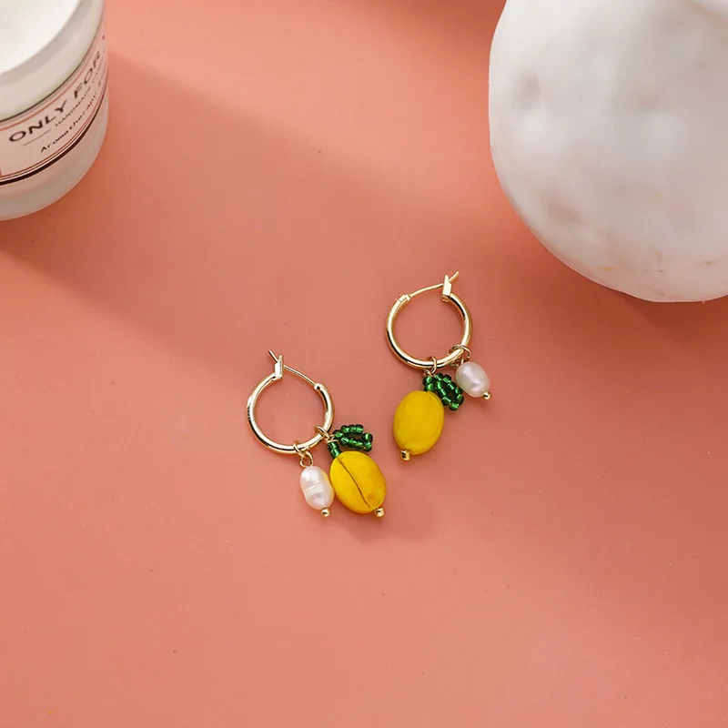 Korean Sweet Handmade Beads Cherry Earrings for Women Girls Gold Color Alloy Orange Lemon Drop Earrings Statement Party Jewelry