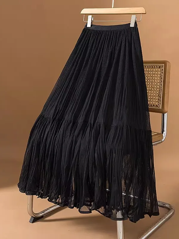 Yellow Chiffon Midi Skirt Women's Korean Style Loose Fit High Waist Commute Friendly Fashion plus Size Autumn New Arrival