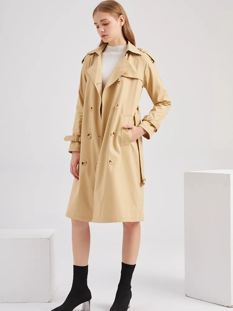 

Solid Color Ladies Mid Length Coat Double Breasted Pea Coat Belt Big Pocket Long Sleeve Stand Collar Ladies Coat