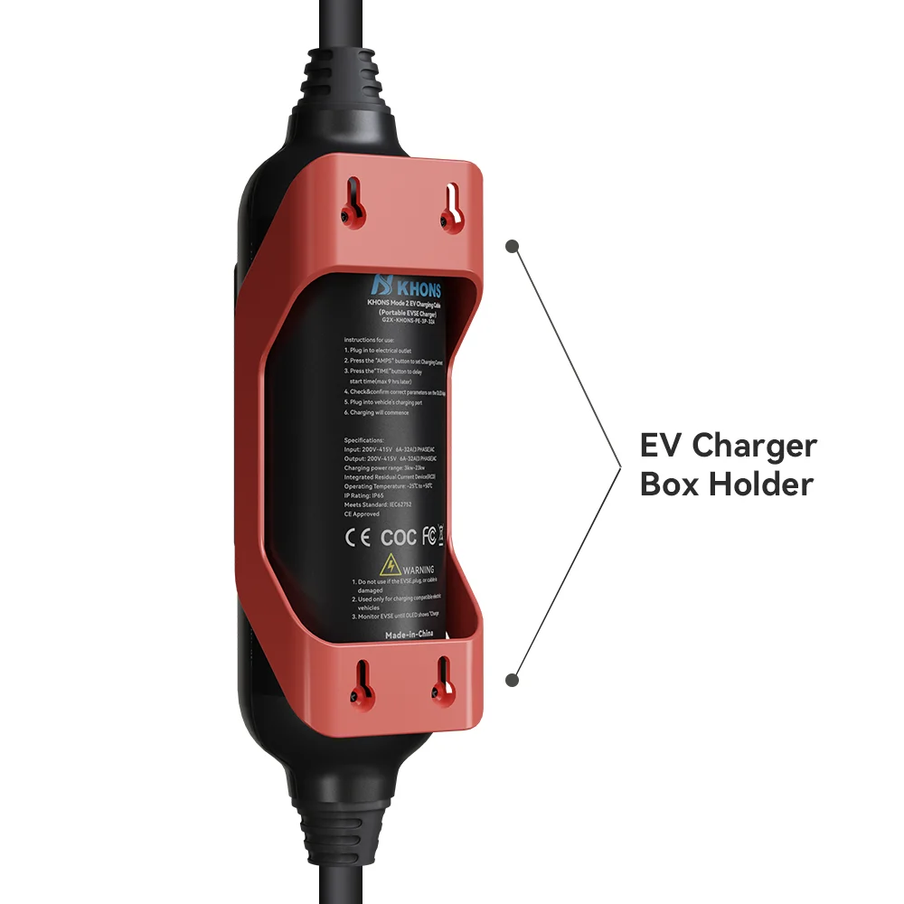 Khons EV Draagbare Oplader Type2 22kw Elektrische Autolader Oplaadetui 32A Drie Fase Elektrische Autolader 5m Kabel