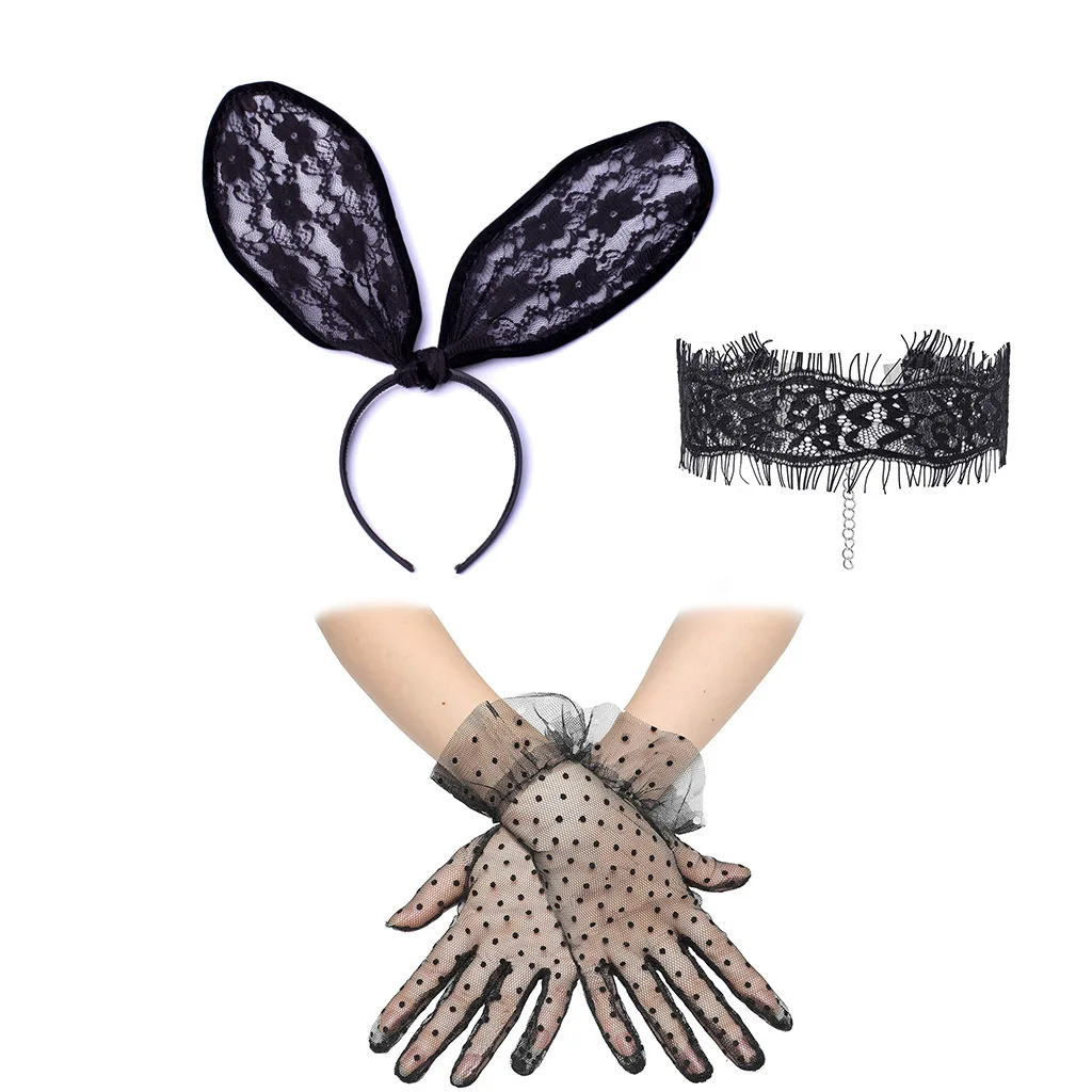 Easter Lace  Ear Necklace and Glove Set, Nightclub Cosplay  Girl Styling Headband