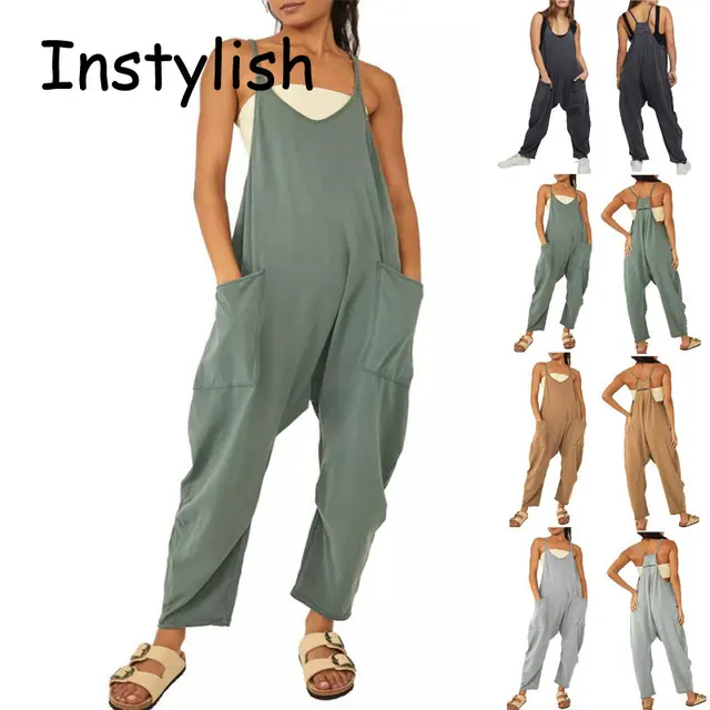 Damski kombinezon bez rękawów z paskiem do spaghetti Vintage Harajuku Luźne spodnie z szerokimi nogawkami Letnie kombinezony oversize Rompers